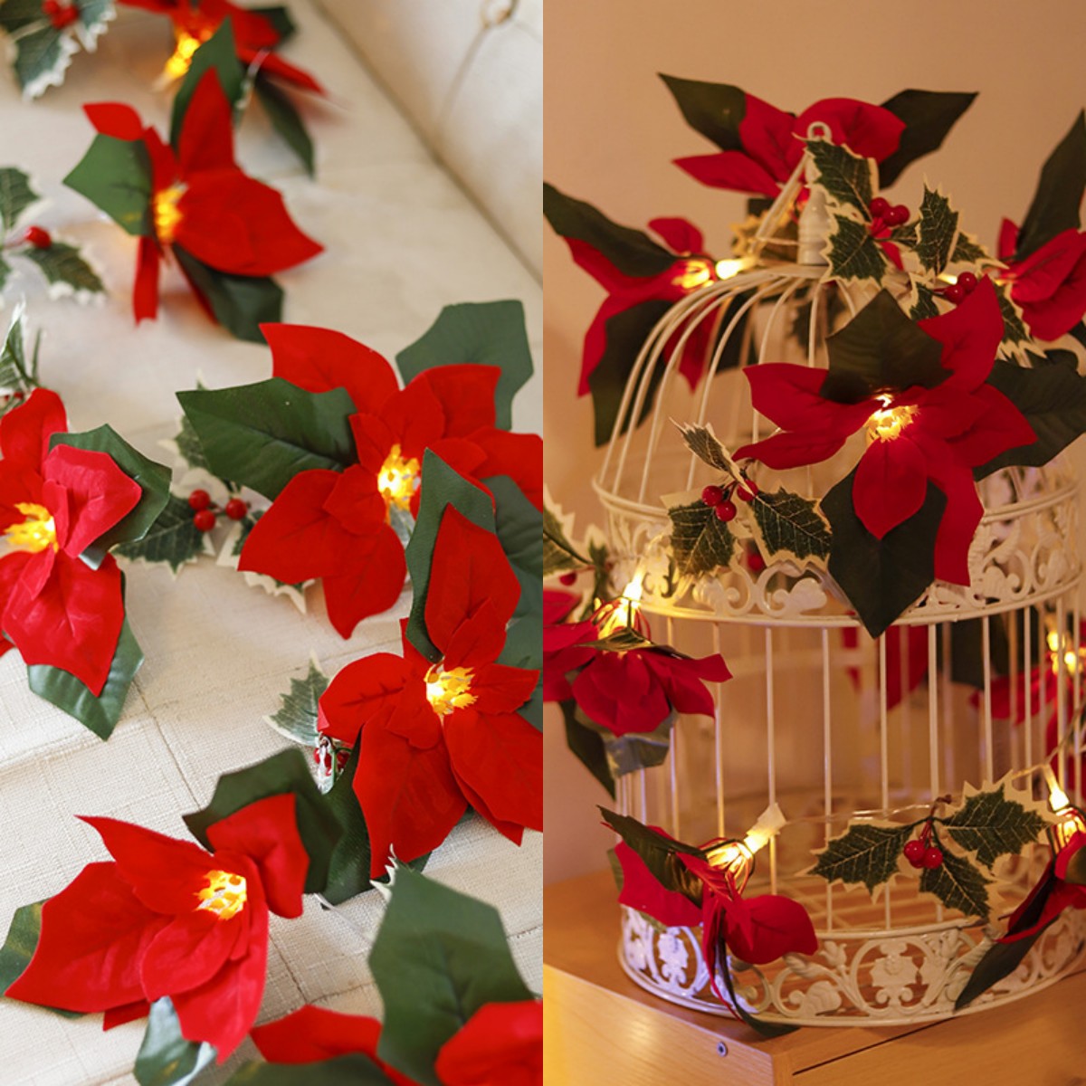 Luces De Navidad Led De Primer Grado Con Flores Rojas Y Frutas Rojas Para La Decoración Del Hogar