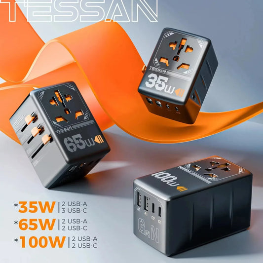 🌍⚡ Adaptador Universal TESSAN 100W – Carga Rápida en +200 Países 🔌✈️