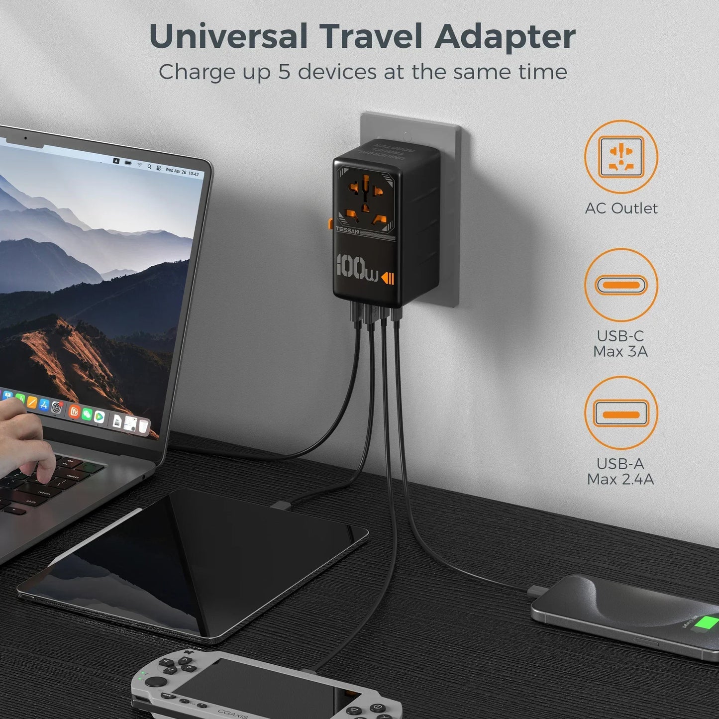 🌍⚡ Adaptador Universal TESSAN 100W – Carga Rápida en +200 Países 🔌✈️