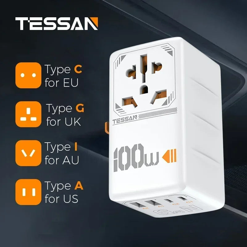 🌍⚡ Adaptador Universal TESSAN 100W – Carga Rápida en +200 Países 🔌✈️