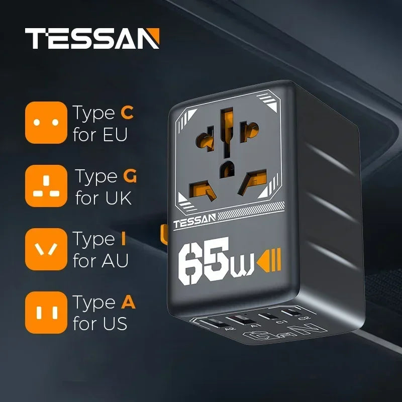 🌍⚡ Adaptador Universal TESSAN 100W – Carga Rápida en +200 Países 🔌✈️