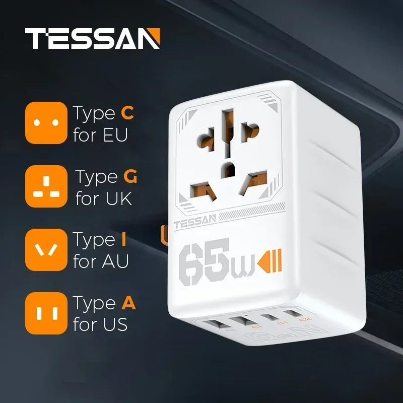 🌍⚡ Adaptador Universal TESSAN 100W – Carga Rápida en +200 Países 🔌✈️